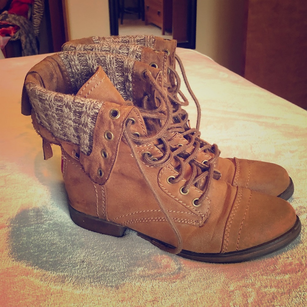 Leather and knit hiking boots.